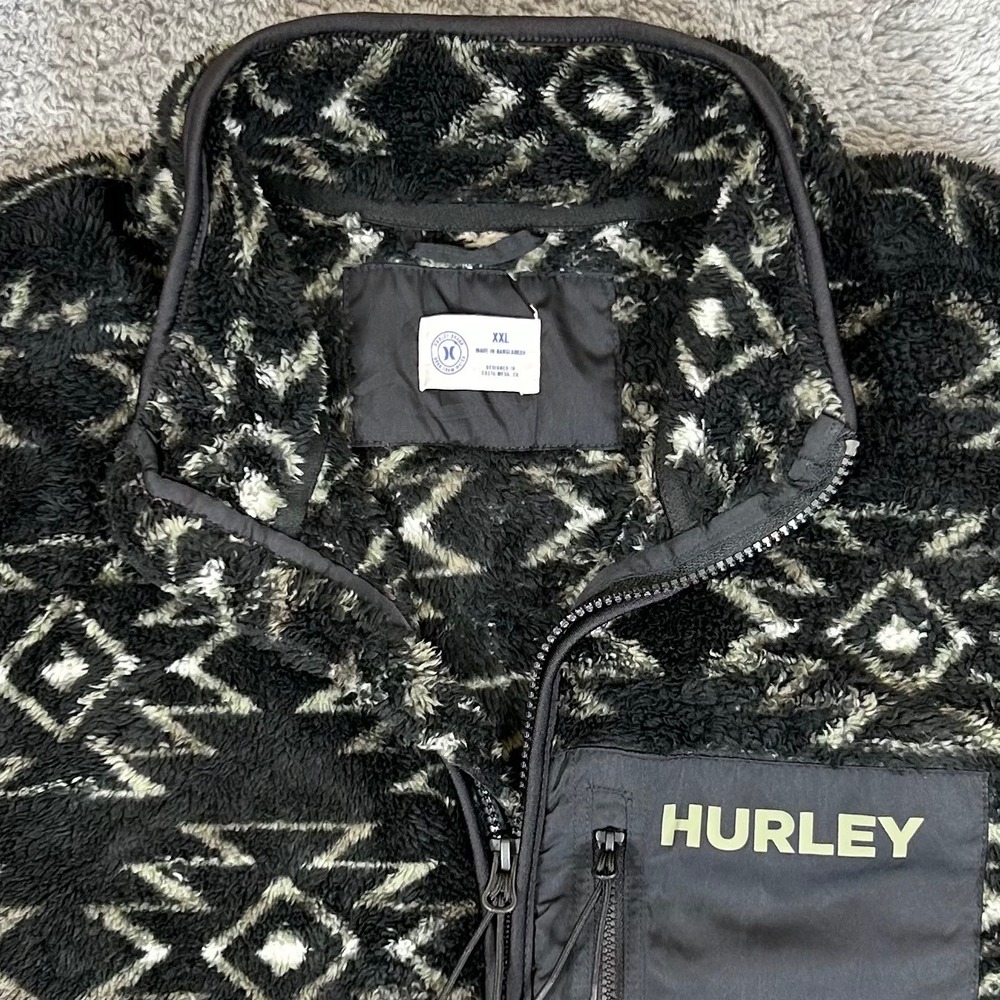 Hurley Mens XXL Black Geometric Southwestern Full Zip Faux Fur Fleece Jacket